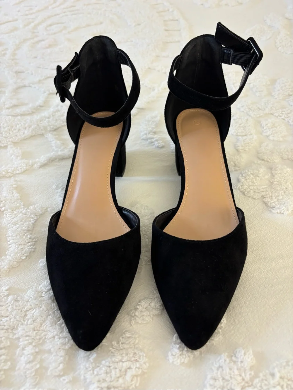 Classic Black Faux Suede Pointed Toe D'Orsay Block Heel Ankle Strap Pumps sz 8.5